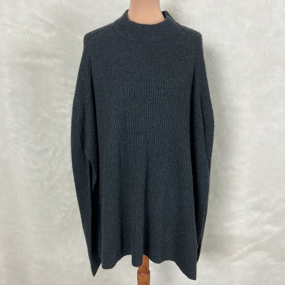 Halogen Charcoal Gray 100% Cashmere Ribbed Knit Mock Neck Poncho NWOT One Size - Picture 1 of 8
